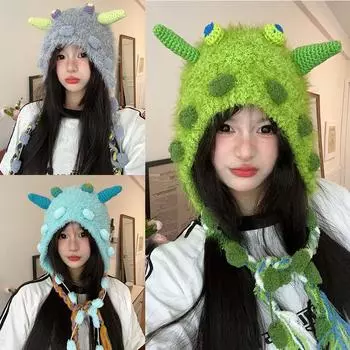 Милая странная маленькая монстровая плюшевая шапка-пуловер женская осенне-зимняя большая окружность головы защита ушей шерстяная шапка ниша шапка Thunderbolt