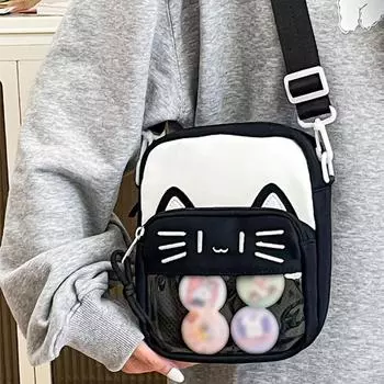 Милая сумка через плечо с вышитым котом в стиле Харадзюку, модная прозрачная сумка, сумка для телефона с значком хаки