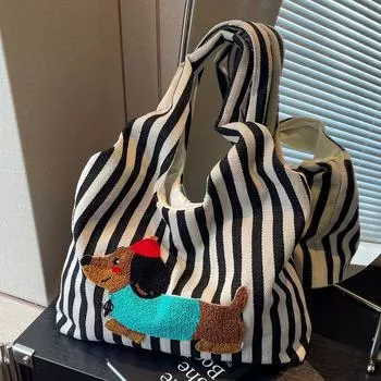 Милая сумка через плечо с вышитым мультяшным щенком, модная полосатая холщовая ручная сумка подмышкой, большая вместительная сумка для поездок на работу красный