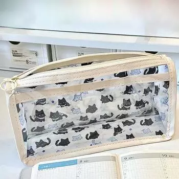 Милая сумка для ручек в виде кота с мультяшным треугольником и большой емкостью, полупрозрачная сумка для канцелярских принадлежностей, подарок для студентов 1pc