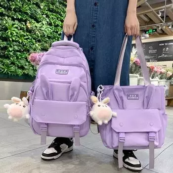 Милая сумка с заячьими ушками для девочек, модный универсальный нейлоновый рюкзак, трендовый однотонный школьный рюкзак для учащихся средней школы с сумкой для занятий 31*18*45 чёрный