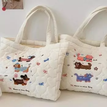 Милая сумочка с вышивкой в виде котенка, стеганая сумка-тоут, женская сумка для покупок, сумка для мам