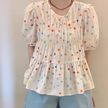 Милая свободная рубашка с пышными рукавами для женщин, летняя новая красочная блузка в горошек, женские элегантные плиссированные облегающие женские топы с круглым вырезом 24448 S