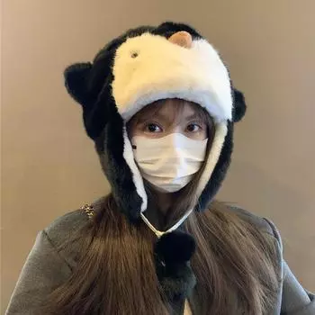 Милая теплая плюшевая шапка с изображением пингвина, женская зимняя утепленная защитная от холода, лыжная шапка M52-58cm чёрный