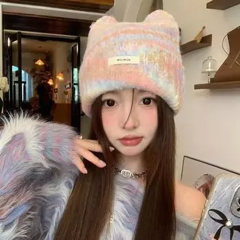 Милая теплая шерстяная шапка ручной работы с кошачьими ушками, женская осенне-зимняя защитная ухо-защитная теплая вязаная шапка для студентов, пуловер, холодная шапка One Size