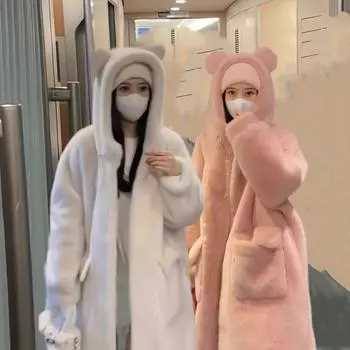 Милая теплая шуба из овечьей шерсти с капюшоном, женское зимнее бархатное модное длинное универсальное пуховое пальто S size 80-65kg розовый