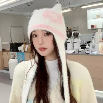 Милая теплая вязаная шапка женская осенне-зимняя большая окружность головы защита ушей универсальная маленькая шерстяная шапка сумка M56-58cm