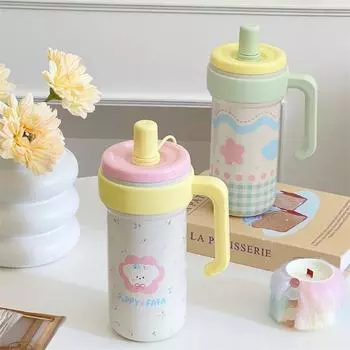 Милая термокружка большой емкости, стакан объемом 1000 мл с ручкой и крышкой с трубочкой, спортивная бутылка для воды из нержавеющей стали
