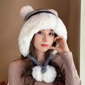 Милая толстая шерстяная шапка-шар для зимнего тепла и защиты от холода, большая окружность головы, плюшевая шапка с четырьмя защитными ушами, вязаная шапка чёрный