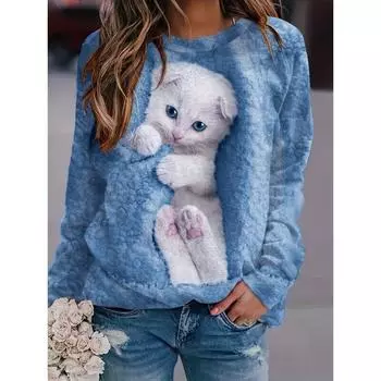 Милая толстовка с изображением кота, мягкая и удобная, с длинным рукавом и круглым вырезом, для повседневной носки — идеально подходит для женщин и девочек. S