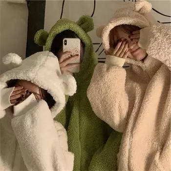 Милая толстовка с капюшоном и ушками плюшевого мишки в виде ягненка для женщин на осень и зиму, с толстым флисовым кардиганом и курткой на молнии для студентов M белый