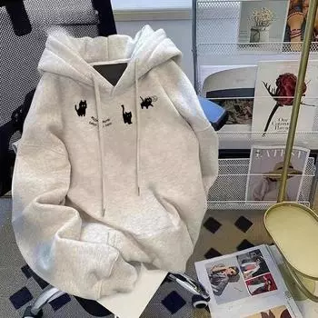 Милая толстовка с капюшоном с принтом «Маленький черный кот» для мужчин и женщин, осень-зима, свободная толстовка с капюшоном, повседневный топ для пары, винтажное пальто M серый