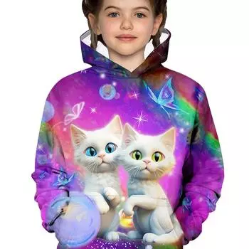 Милая толстовка с принтом кота для мальчиков и девочек, повседневная толстовка с капюшоном на весну и осень, теплая толстовка с длинными рукавами 100