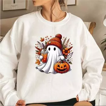 Милая толстовка с привидением на Хэллоуин, толстовка с тыквой и специями на Хэллоуин, женская толстовка с капюшоном, свитер на жуткий сезон, свитер «Сладость или гадость» S чёрный