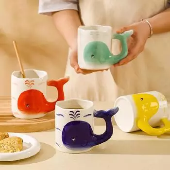 Милая трехмерная кофейная кружка Милая керамическая кружка в виде кита Подарок для пар из мужской и женской керамики Домашняя кофейная кружка Молочная чашка 450ML зелёный
