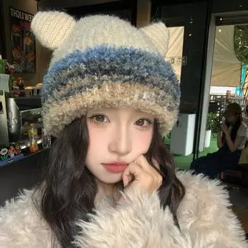 Милая трехмерная шерстяная шапка с ушками, женская сезонная утолщенная теплая вязаная шапка для защиты ушей, студенческая шапка-пуловер