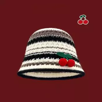 Милая трехмерная вишневая полосатая вязаная шапка детская осенне-зимняя жизненная сила универсальная маленькая шерстяная шапка M56-58cm