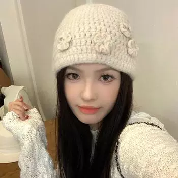 Милая трехмерная вязаная шерстяная шапка с цветком, женская осенне-зимняя универсальная защитная шапка для ушей, большая окружность головы, холодная шапка прилив M56-58cm абрикосовый