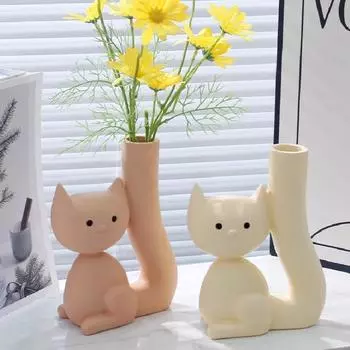 Милая ваза для кошек Искусственный цветок Сухоцветные украшения для дома Украшение гостиной Цветочная композиция Домашний стол Ваза из смолы бежевый