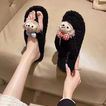 Милая верхняя одежда с героями мультфильмов, новые пушистые шлепанцы, женские, осень 2024 года, повседневные, теплые, хлопковые тапочки с начесом, на плоской подошве 35 чёрный