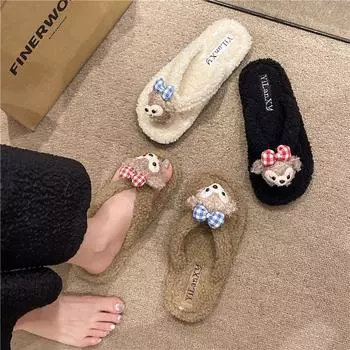 Милая верхняя одежда с героями мультфильмов, новые пушистые шлепанцы, женские, осень 2024 года, повседневные, теплые, хлопковые тапочки с начесом, на плоской подошве 35 чёрный