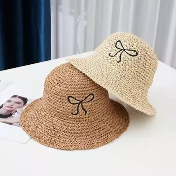 Милая весенне-летняя соломенная шляпа с вышитым бантом, корейский вариант, плетеная из травы шляпа рыбака, ручная работа M56-58cm хаки