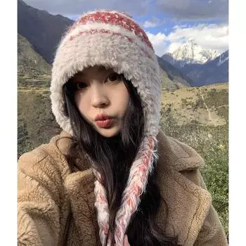 Милая вязаная плюшевая шапка ручной работы, женская зимняя, новая, с маленьким лицом, в полоску, подходящего цвета, с защитой ушей, шерстяная шапка Average size (54-60cm) красный