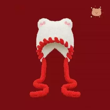 Милая вязаная плюшевая шапка с бантом из медвежьих ушек Lei Feng для детей, осенне-зимняя, корейская версия, утолщенная, термозащитная для ушей M56-58cm