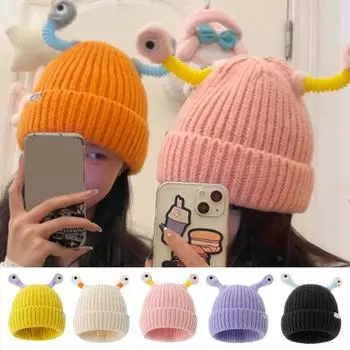 Милая вязаная шапка-бини с глазами, износостойкая однотонная светодиодная светящаяся забавная зимняя теплая шапка с мультяшным рисунком зелёный