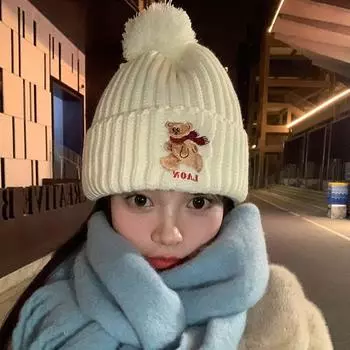 Милая вязаная шапка с изображением медведя из шерсти, женская, осенне-зимняя, новая, теплая, защитная шерстяная шапка, универсальная, холодная шапка S54-59cm молочный белый