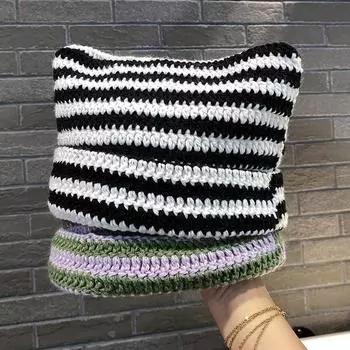 Милая вязаная шапка с кошачьими ушками, женская, новинка 2024 года, полосатая шапка с кошачьими ушками, осенне-зимняя, теплая и холодная, с защитой от ушей, пуловер average size (55-60cm)