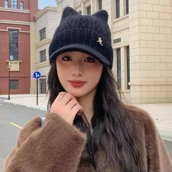 Милая вязаная шапка с кошачьими ушками и мехом кролика, зимняя теплая шерстяная шапка, утолщенная шапка с ушками для защиты от холода One Size