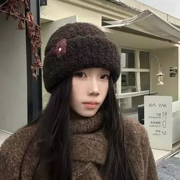 Милая вязаная шапка с медведем, женская зимняя утолщенная теплая защитная шерстяная шапка, универсальная модная большая окружность головы, холодная шапка elastic (53-58cm) чёрный