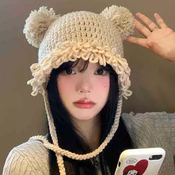 Милая вязаная шапка с медвежьими ушками, женская осенне-зимняя шерстяная шапка-пуловер, большая окружность головы, показывающая лицо, маленькая теплая защитная шапка для ушей M56-58cm бежевый