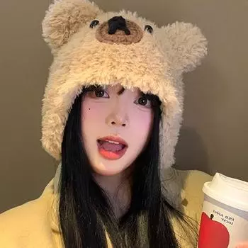 Милая вязаная шапка с ушками медведя, женская осенне-зимняя теплая шерстяная шапка с большой окружностью головы, показывающая лицо, маленькая шапка Lei Feng One size хаки