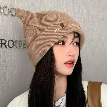 Милая вязаная шапка с вышивкой кота, уличная теплая защита ушей, шерстяная шапка с кошачьими ушками, холодная шапка на голову, уличные шапки, кепка, пенни-кепка бежевый