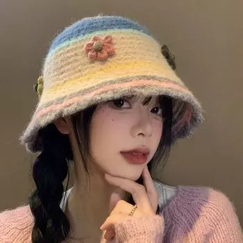 Милая вязаная шапка-ведро с цветком, женская осенне-зимняя шапка-ракушка, большая окружность головы, шерстяная шапка, прилив M (56-58cm) flower plush cap бежевый