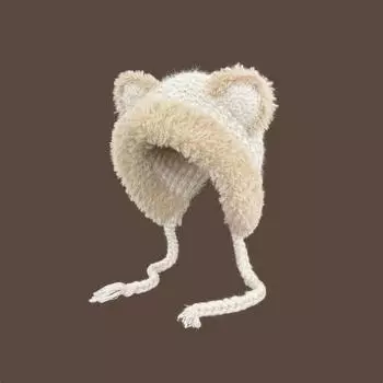 Милая вязаная шерстяная шапка с медвежьими ушками для женщин, модели на осень и зиму с большой окружностью головы и маленьким лицом. Универсальный теплый и M56-58cm бежевый