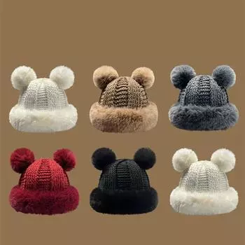 Милая вязаная шерстяная шапка с ушками медведя, детская зимняя теплая утепленная защитная шапка с рисунком из мультфильма M56-58cm