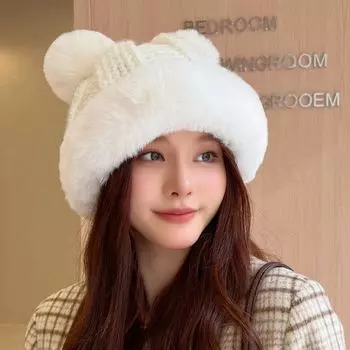 Милая вязаная шерстяная шапка с ушками медведя, детская зимняя теплая утепленная защитная шапка с рисунком из мультфильма M56-58cm