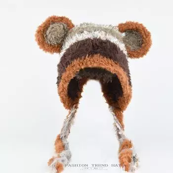 Милая вязаная шерстяная шапка с ушками медведя, женский осенне-зимний плюшевый комплект, теплая защитная шапка для ушей Lei Feng One Size бежевый