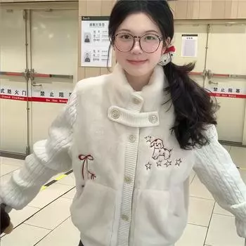 Милая вязаная сплайсированная куртка из кроличьего бархата, топ, кардиган для щенков, набитый и утолщенный, осень-зима 2024 года, мягкий, восковой, нежный S