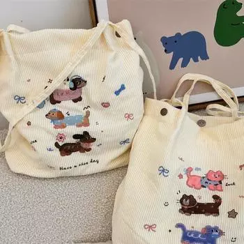 Милая вышитая мультяшная собачка на осень и зиму вельветовая сумка женская школьная сумка студенческая сумка большой вместимости через плечо