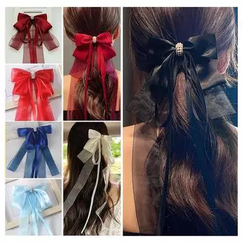 Милая заколка для волос с большим бантом для женщин и девочек, длинная лента в стиле Лолиты, однотонная заколка для волос, милые резинки для волос с хвостиком, аксессуары для волос