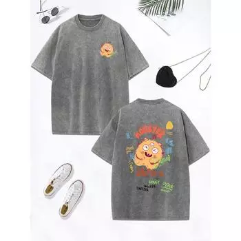 Милая желтая плюшевая футболка с принтом маленького монстра, женская хлопковая футболка оверсайз, состаренная футболка с О-образным вырезом, одежда S