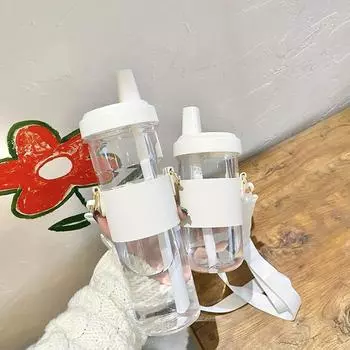 Милая жемчужная пластиковая бутылка для воды для чая с молоком Boba с кожаным чехлом, без BPA, для женщин, для улицы, для молока, сока, кофе, напитков, бутылки с соломинкой 500ML белый