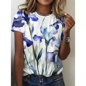 Милая женская футболка с 3D-цветочным принтом, короткий рукав, топ с 3D-принтом, О-образный воротник, повседневная летняя женская одежда XXS