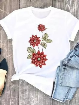 Милая женская футболка с цветочным принтом в стиле 90-х годов, модная женская футболка с коротким рукавом и принтом, футболка, одежда