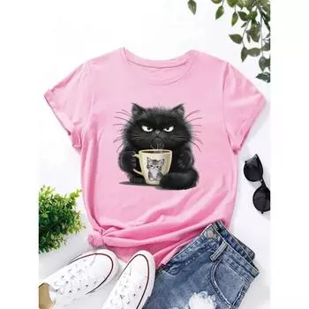 Милая женская футболка с изображением кота, пьющего кофе, летняя модная футболка с короткими рукавами, футболки с круглым вырезом, повседневная футболка, женская одежда S