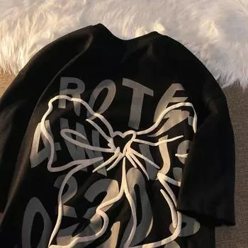 Милая женская футболка с круглым вырезом и принтом букв и бантом в стиле ретро, летняя модная тенденция, повседневная свободная, удобная, с чувством дизайна, топ с короткими рукавами для пар, Harajuku S чёрный